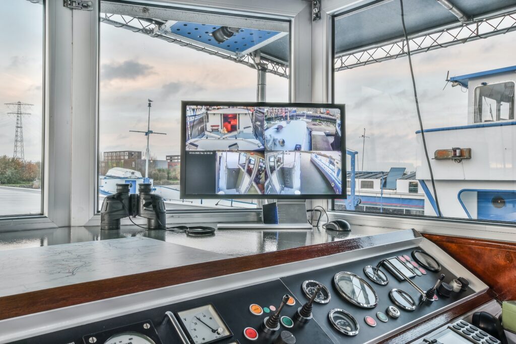 Monitor of security camera in ship cockpit